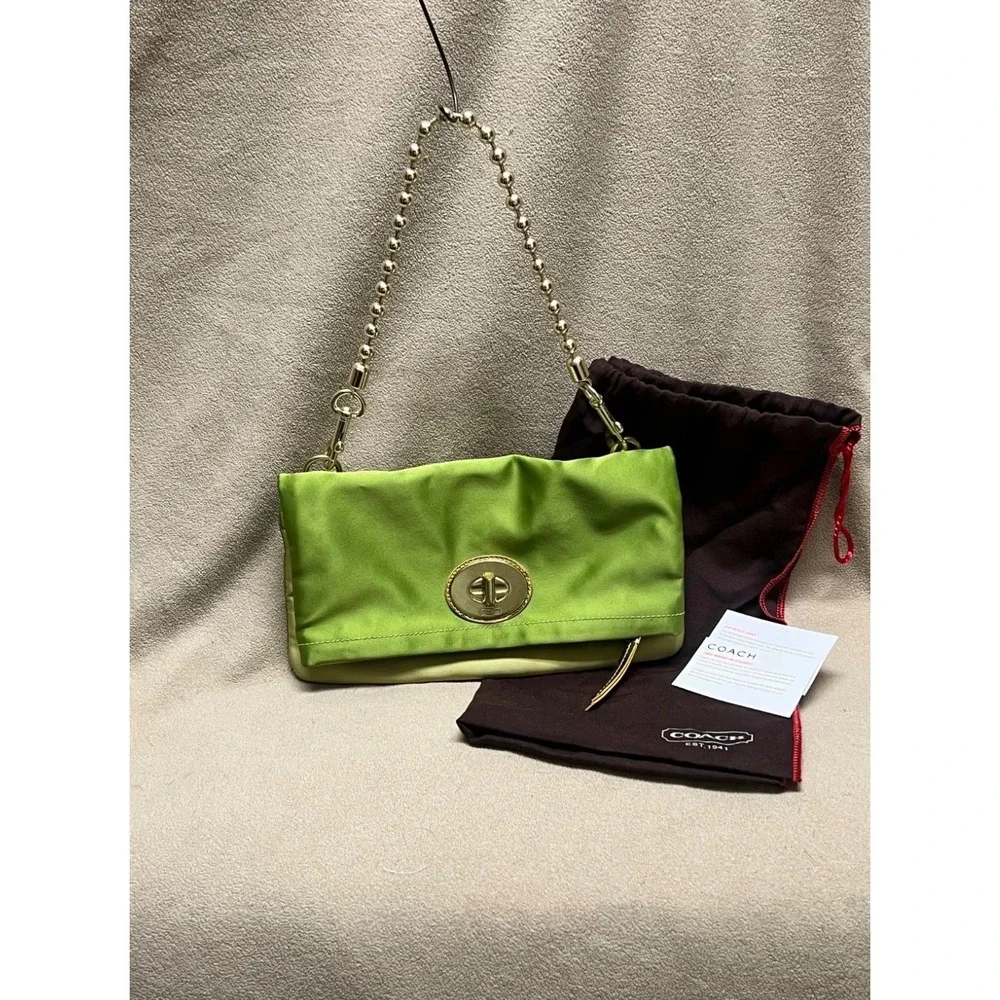 COACH 12926 AMANDA FOLD OVER Green SATIN CHAIN SHOULDER BAG